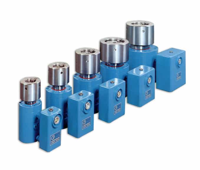 Five different variations of hydraulic press shock dampers growing in size