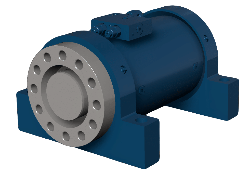 blue rendered 3d step file CAD drawing of hydraulic rotary actuators ic series IC30 high torque model with counterbalance valve block Helac Replacement