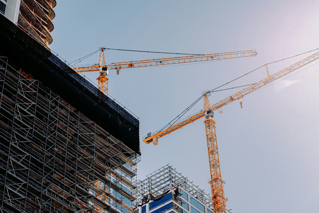 Yellow construction overhang above buildings